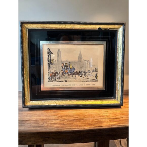 Antique Color Engraving Framed Voiture anglaise de Calais à Boulogne France Carr - Picture 1 of 14
